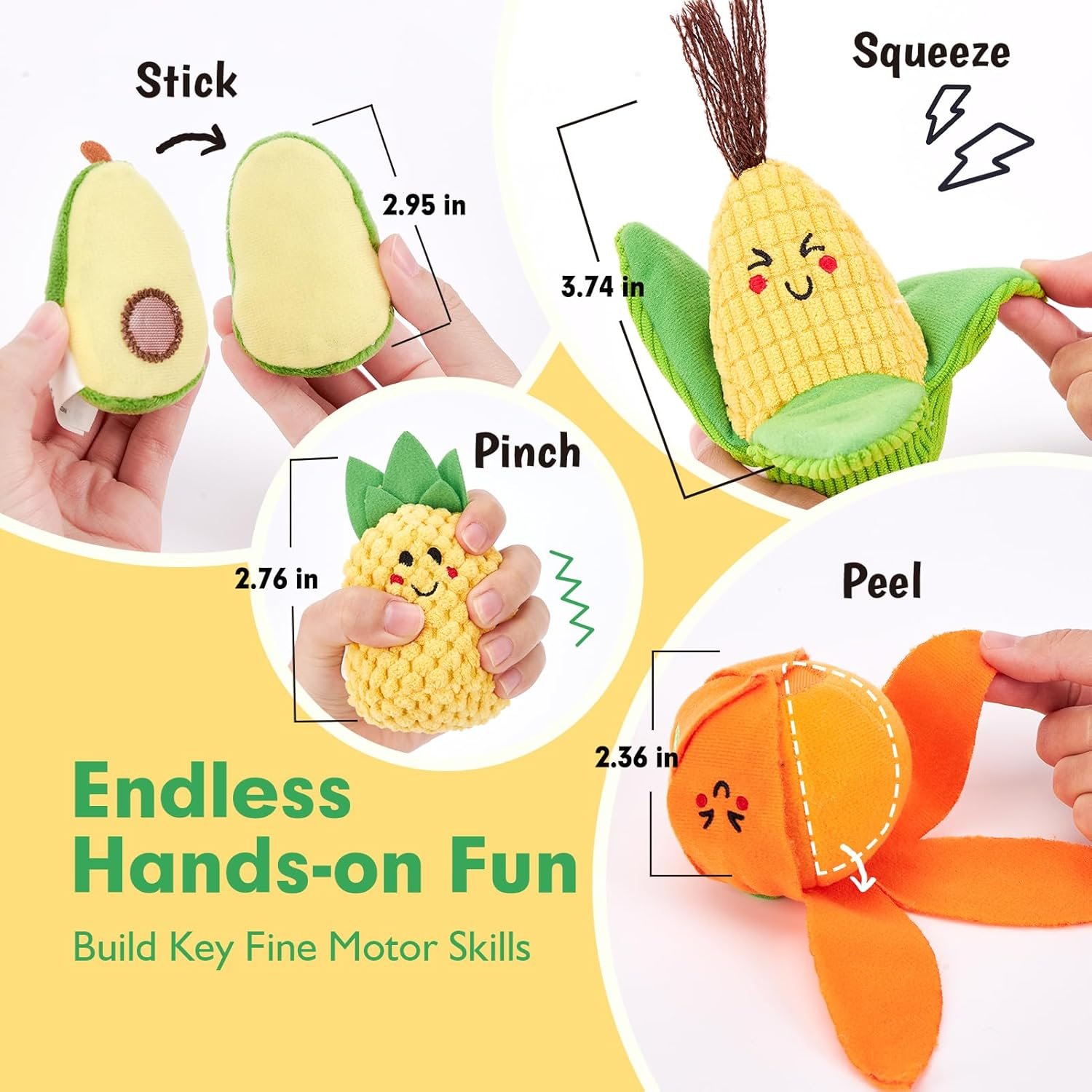 An instructional guide demonstrating five ways to play: stick, pinch, squeeze, and peel. Hands show how to interact with an avocado, pineapple, corn, and orange to build fine motor skills.