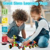 Two young children playing together with colorful building toys, focusing on STEM education concepts like Science, Technology, Engineering, and Maths.