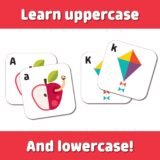 Close-up of alphabet matching cards showing uppercase and lowercase 'A' for apple and 'K' for kite, designed for early childhood literacy and letter recognition
