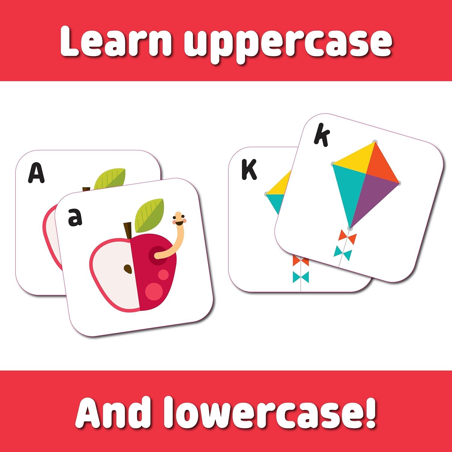 Close-up of alphabet matching cards showing uppercase and lowercase 'A' for apple and 'K' for kite, designed for early childhood literacy and letter recognition