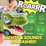 Close-up of a green dinosaur truck head with "Lights and Sounds Unleashed" text, showing buttons for start engine, roar, reverse, and honk sound effects.