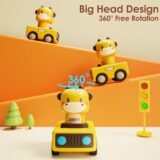 Three yellow giraffe toy cars on a ramp illustrating the "Big Head Design" and "360 degree free rotation" feature, promoting sensory play and motor skills for toddlers.