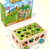 Farm Harvest Cart product dimensions and packaging, showing the wooden toy box measures 8.3 by 5.3 by 3.4 inches, suitable for ages 3 and up.