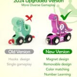 Comparison chart between the old hook design and the 2024 upgraded magnetic version of the dinosaur train, showcasing removable parts and color matching features.