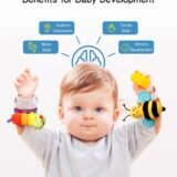 Educational infographic showing baby development benefits of rattle toys, including auditory stimulation, tactile skills, motor skills, and sensory development.