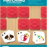Product features of the Chuckle & Roar ABC matching game, including 52 durable card tiles (26 pairs) with cute illustrations of a dog, apple, and unicorn.