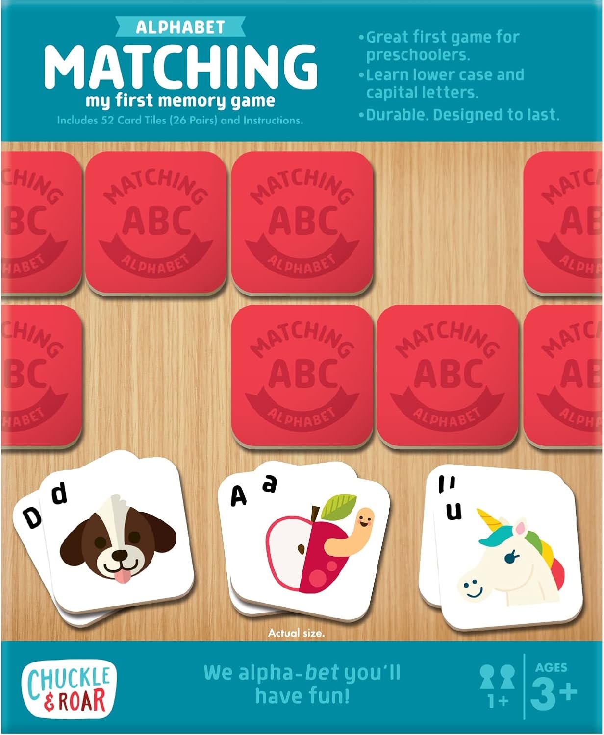 Product features of the Chuckle & Roar ABC matching game, including 52 durable card tiles (26 pairs) with cute illustrations of a dog, apple, and unicorn.