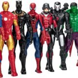 Group shot of Marvel 12-inch Titan Hero series action figures including Hulk, Iron Man, and Captain America standing in a row for display.