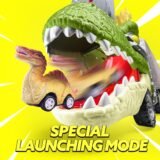 Action shot of the dinosaur transporter toy in "Special Launching Mode," showing a small dinosaur car shooting out from the T-Rex's open mouth on a yellow background.