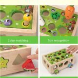 Four-panel educational infographic showing play modes: color matching, size recognition, fruit shape recognition, and a push cart feature for toddlers.