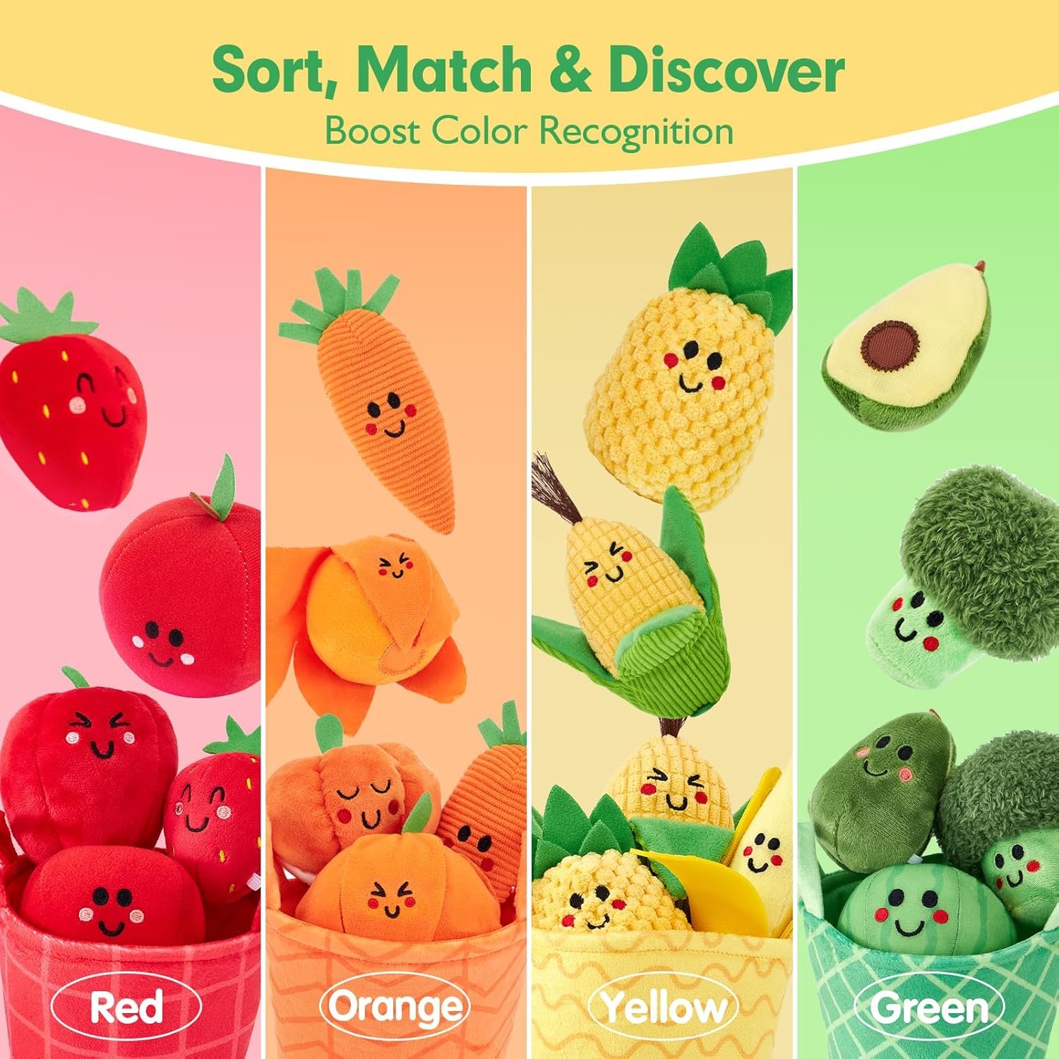 A vertical infographic displaying soft fruit and vegetable toys sorted into four columns by color: red strawberry, orange carrot, yellow pineapple, and green broccoli, with the title "Sort, Match & Discover: Boost Color Recognition."