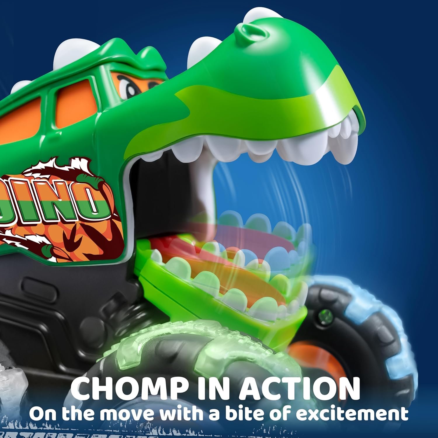 Close up of shark monster truck showing realistic chomping mouth action